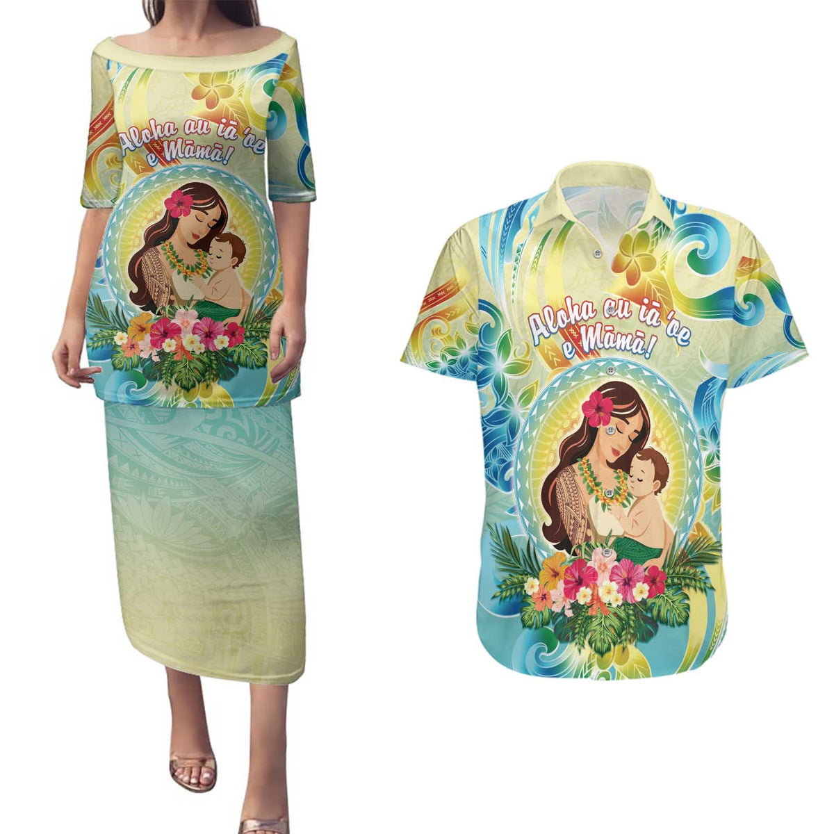 Personalised Hawaii Mother's Day Couples Matching Puletasi and Hawaiian Shirt I Love You Mom