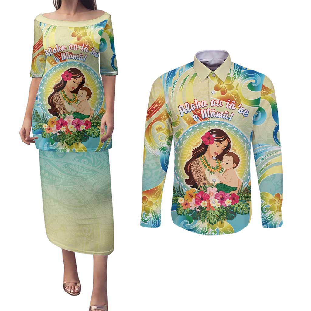 Personalised Hawaii Mother's Day Couples Matching Puletasi and Long Sleeve Button Shirt I Love You Mom DT04 Yellow - Polynesian Pride