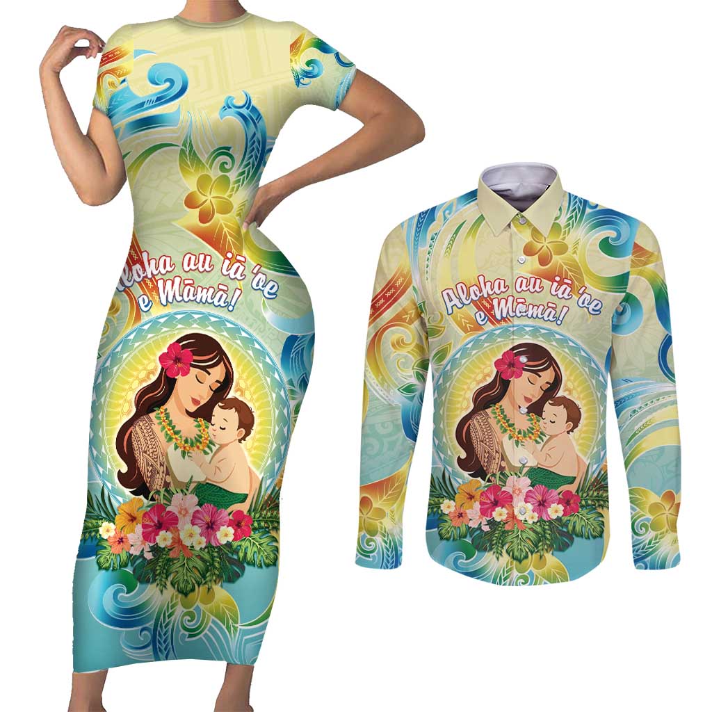 Personalised Hawaii Mother's Day Couples Matching Short Sleeve Bodycon Dress and Long Sleeve Button Shirt I Love You Mom DT04 Yellow - Polynesian Pride