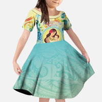 Personalised Hawaii Mother's Day Family Matching Off The Shoulder Long Sleeve Dress and Hawaiian Shirt I Love You Mom DT04 Daughter's Dress Yellow - Polynesian Pride