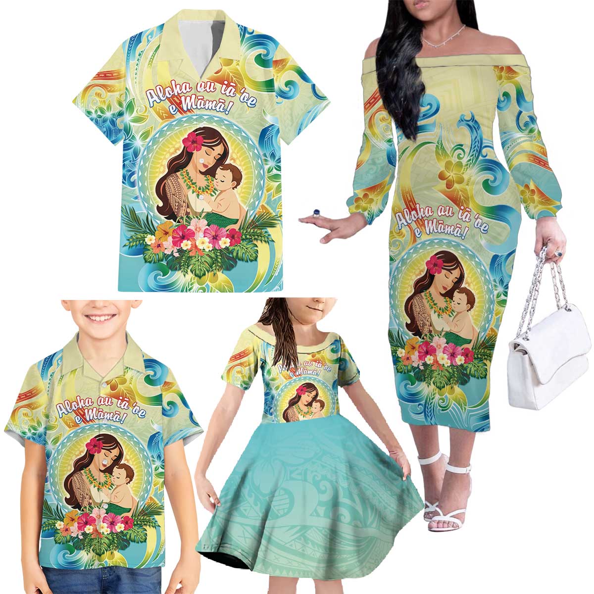 Personalised Hawaii Mother's Day Family Matching Off The Shoulder Long Sleeve Dress and Hawaiian Shirt I Love You Mom DT04 - Polynesian Pride
