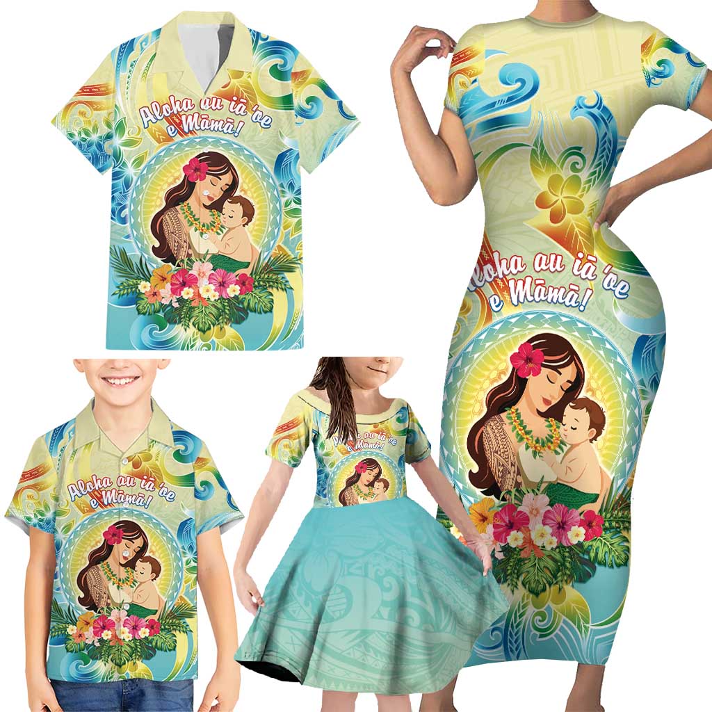 Personalised Hawaii Mother's Day Family Matching Short Sleeve Bodycon Dress and Hawaiian Shirt I Love You Mom DT04 - Polynesian Pride
