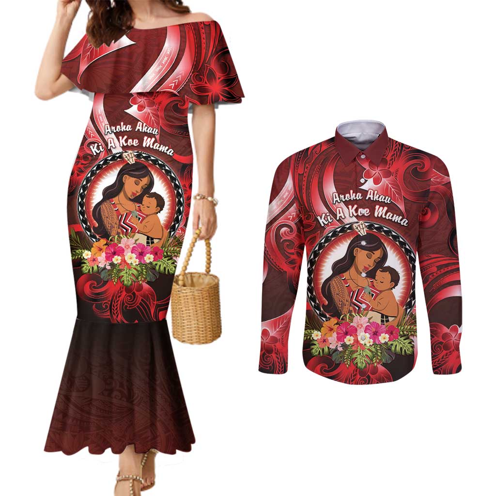 Personalised New Zealand Mother's Day Couples Matching Mermaid Dress and Long Sleeve Button Shirt I Love You Mom DT04 Red - Polynesian Pride