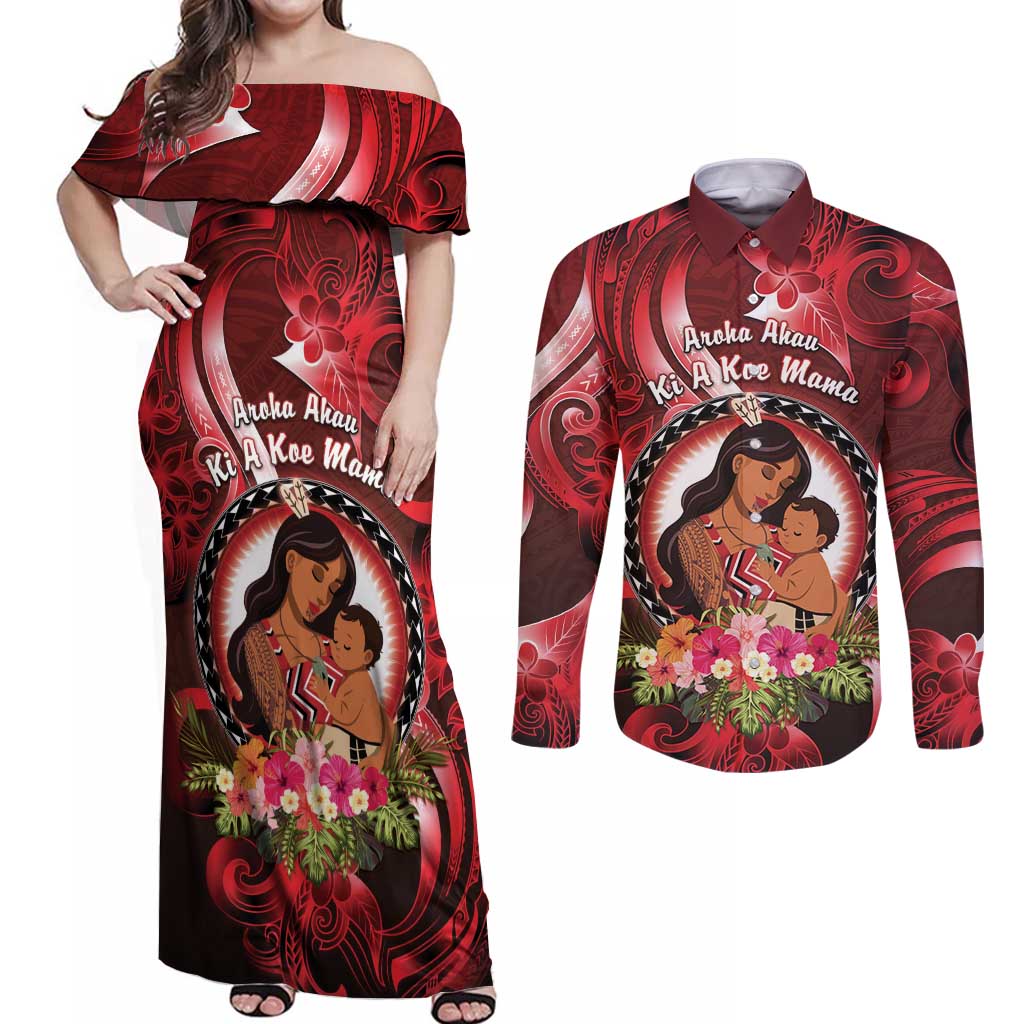 Personalised New Zealand Mother's Day Couples Matching Off Shoulder Maxi Dress and Long Sleeve Button Shirt I Love You Mom