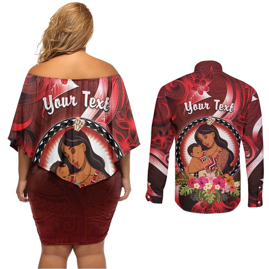 Personalised New Zealand Mother's Day Couples Matching Off Shoulder Short Dress and Long Sleeve Button Shirt I Love You Mom DT04 - Polynesian Pride