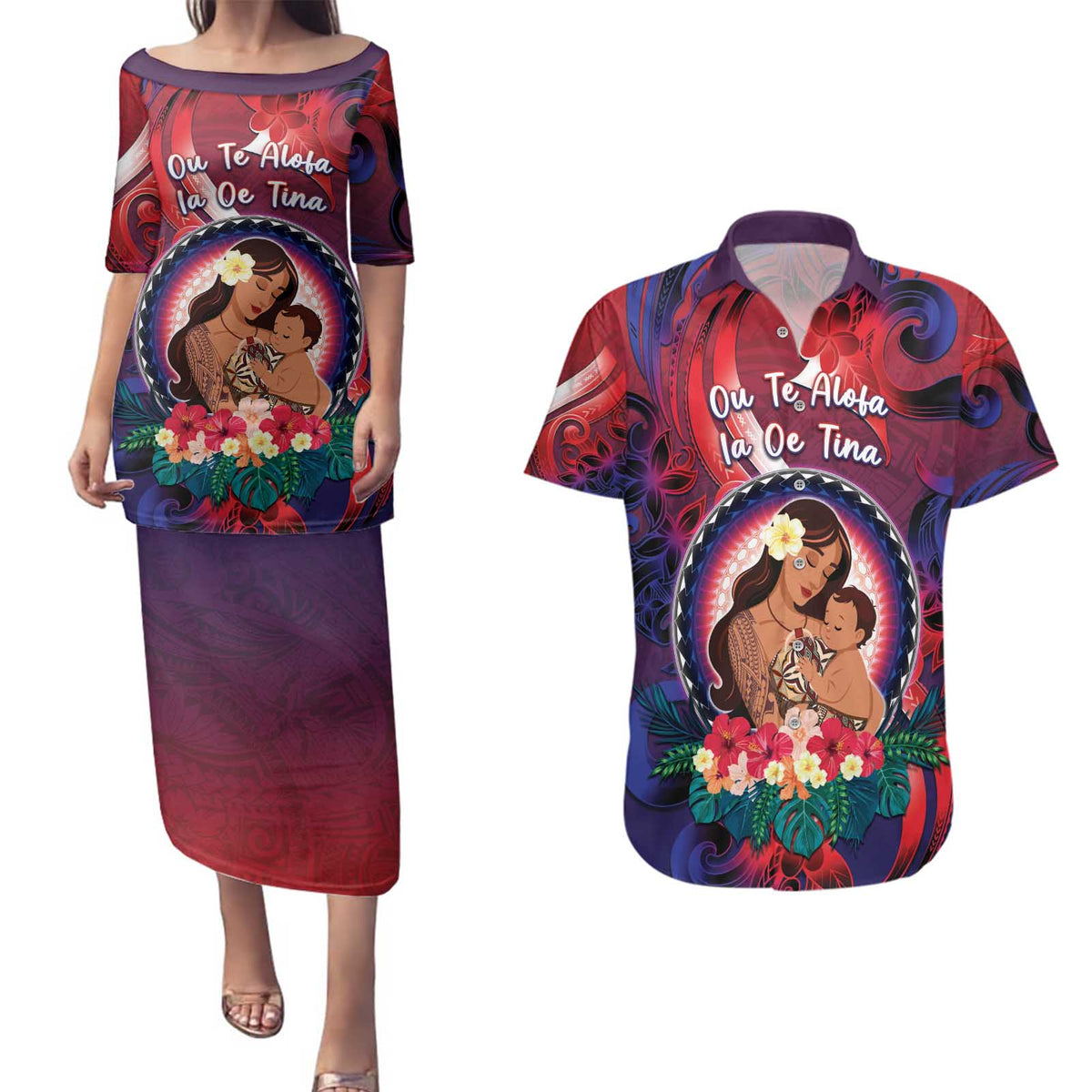 Personalised Samoa Mother's Day Couples Matching Puletasi and Hawaiian Shirt I Love You Mom