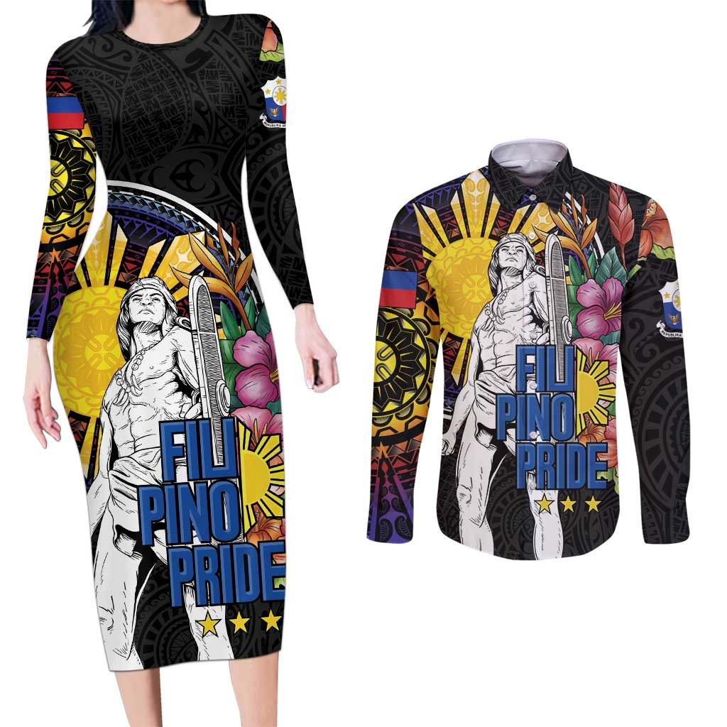 Filipinos Lapu-Lapu Hero Philippines Couples Matching Long Sleeve Bodycon Dress and Long Sleeve Button Shirt Hibiscus Flowers Style