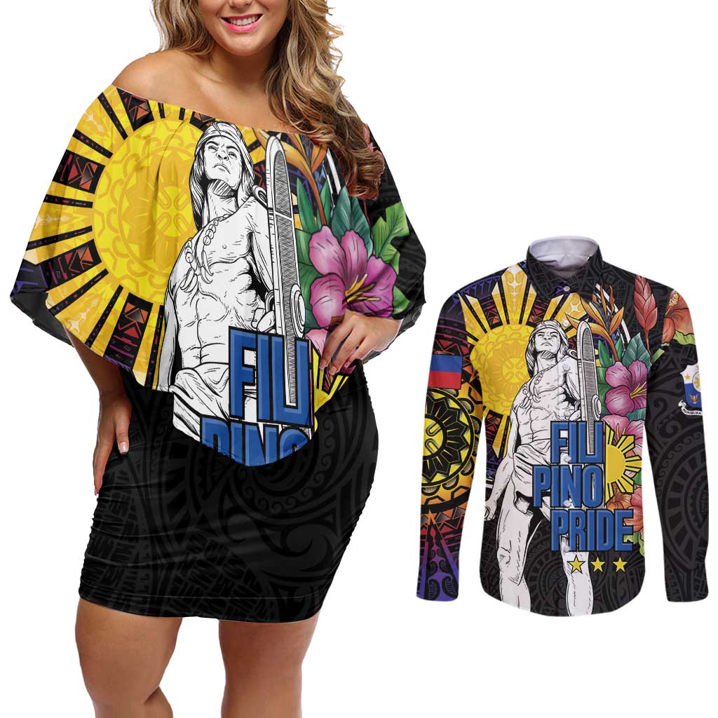 Filipinos Lapu-Lapu Hero Philippines Couples Matching Off Shoulder Short Dress and Long Sleeve Button Shirt Hibiscus Flowers Style