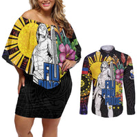 Filipinos Lapu-Lapu Hero Philippines Couples Matching Off Shoulder Short Dress and Long Sleeve Button Shirt Hibiscus Flowers Style