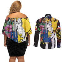 Filipinos Lapu-Lapu Hero Philippines Couples Matching Off Shoulder Short Dress and Long Sleeve Button Shirt Hibiscus Flowers Style