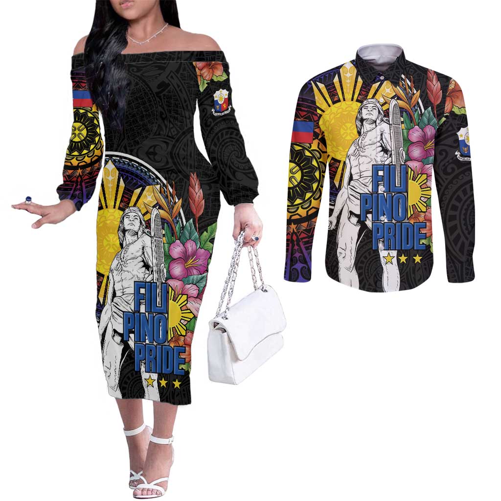 Filipinos Lapu-Lapu Hero Philippines Couples Matching Off The Shoulder Long Sleeve Dress and Long Sleeve Button Shirt Hibiscus Flowers Style