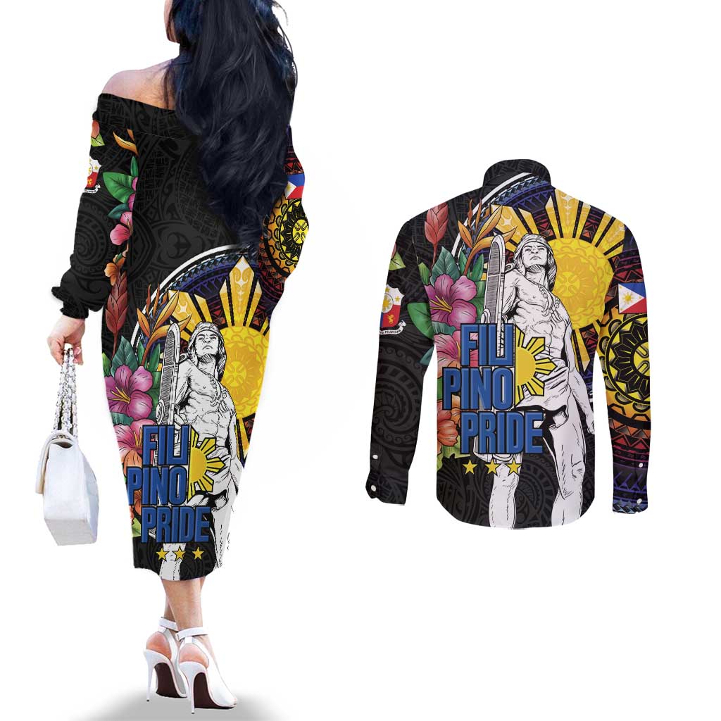 Filipinos Lapu-Lapu Hero Philippines Couples Matching Off The Shoulder Long Sleeve Dress and Long Sleeve Button Shirt Hibiscus Flowers Style