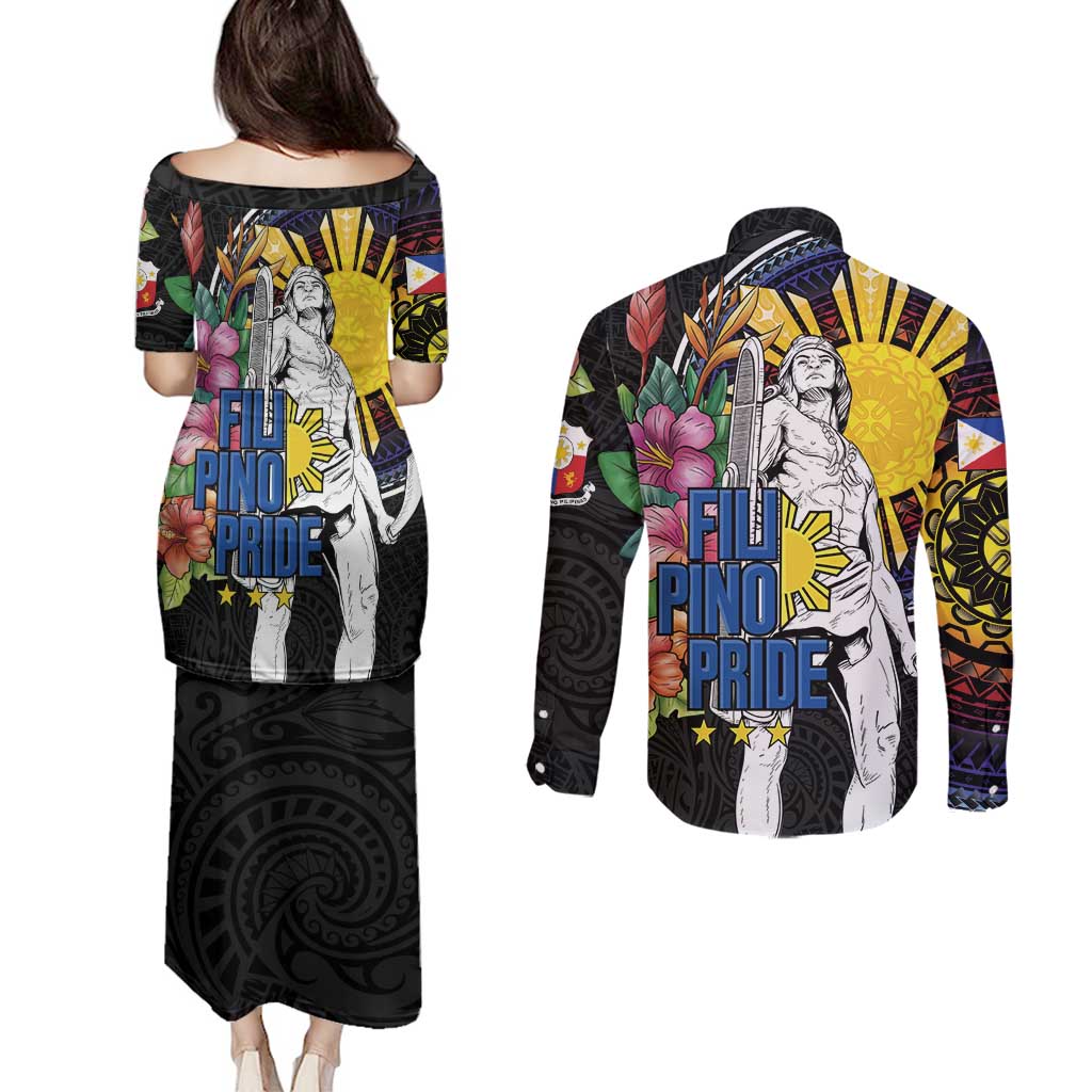 Filipinos Lapu-Lapu Hero Philippines Couples Matching Puletasi and Long Sleeve Button Shirt Hibiscus Flowers Style