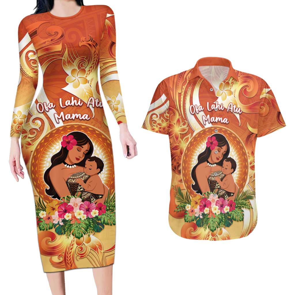 Personalised Tonga Mother's Day Couples Matching Long Sleeve Bodycon Dress and Hawaiian Shirt I Love You Mom DT04 Orange - Polynesian Pride