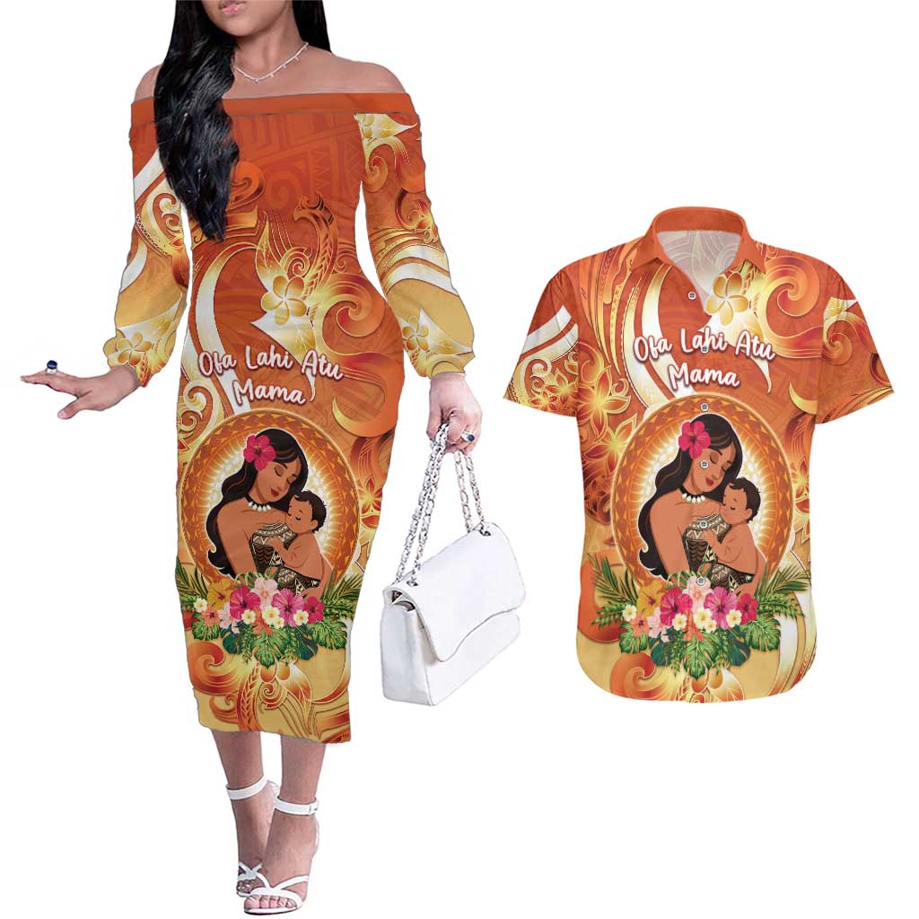 Personalised Tonga Mother's Day Couples Matching Off The Shoulder Long Sleeve Dress and Hawaiian Shirt I Love You Mom
