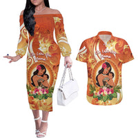 Personalised Tonga Mother's Day Couples Matching Off The Shoulder Long Sleeve Dress and Hawaiian Shirt I Love You Mom DT04 Orange - Polynesian Pride