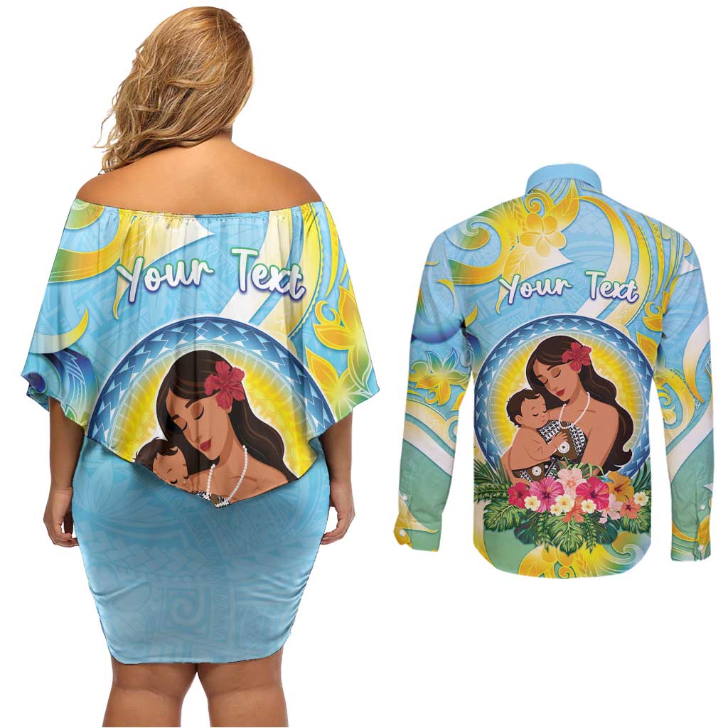 Personalised Fiji Mother's Day Couples Matching Off Shoulder Short Dress and Long Sleeve Button Shirt I Love You Mom