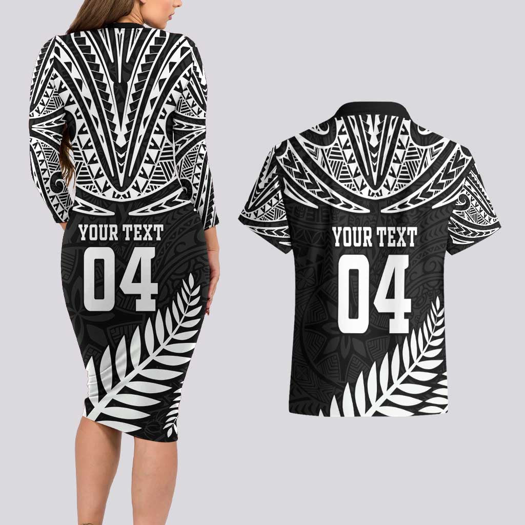Custom New Zealand Rugby Couples Matching Long Sleeve Bodycon Dress and Hawaiian Shirt Silver Fern Maori Pattern