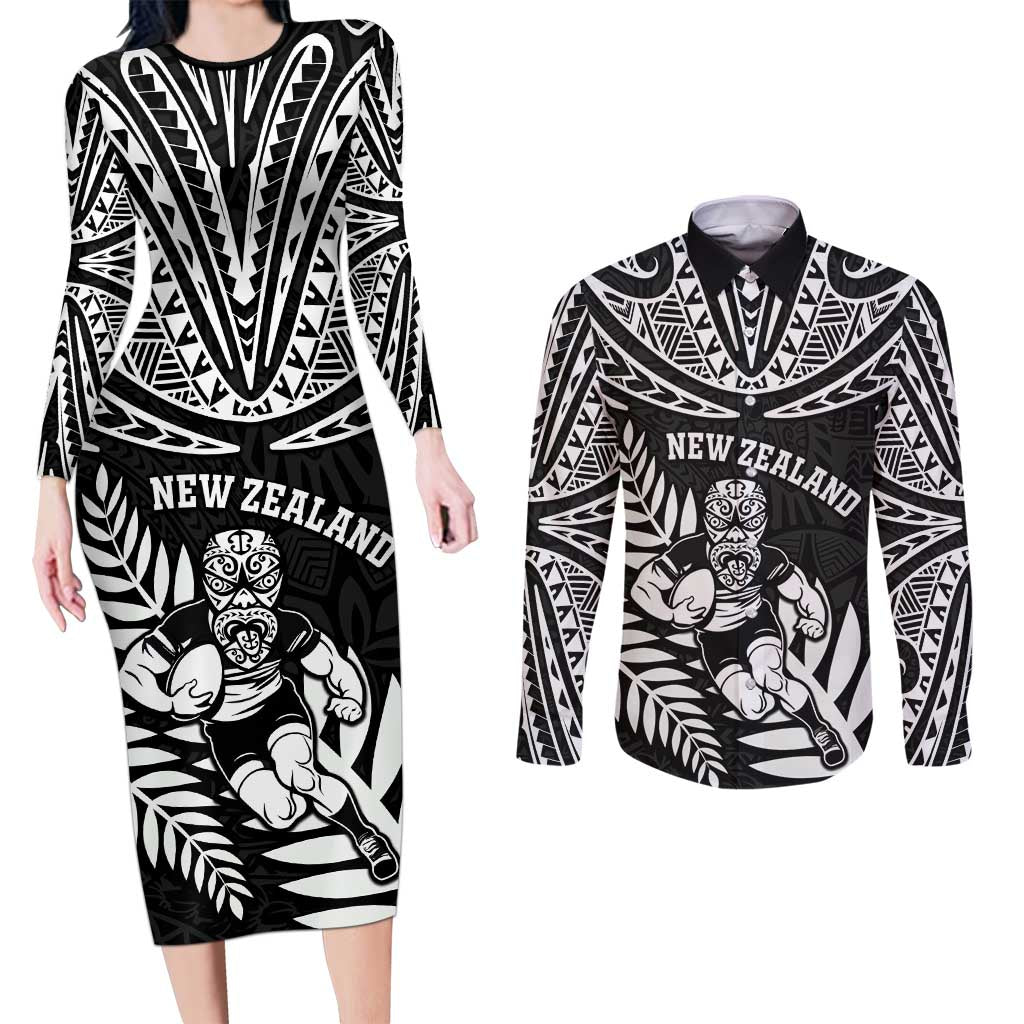 Custom New Zealand Rugby Couples Matching Long Sleeve Bodycon Dress and Long Sleeve Button Shirt Silver Fern Maori Pattern