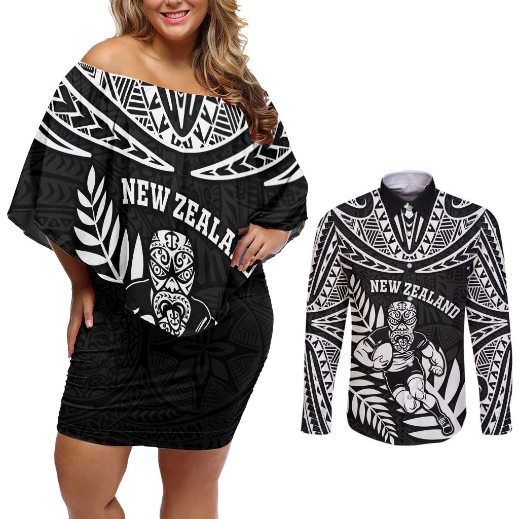Custom New Zealand Rugby Couples Matching Off Shoulder Short Dress and Long Sleeve Button Shirt Silver Fern Maori Pattern