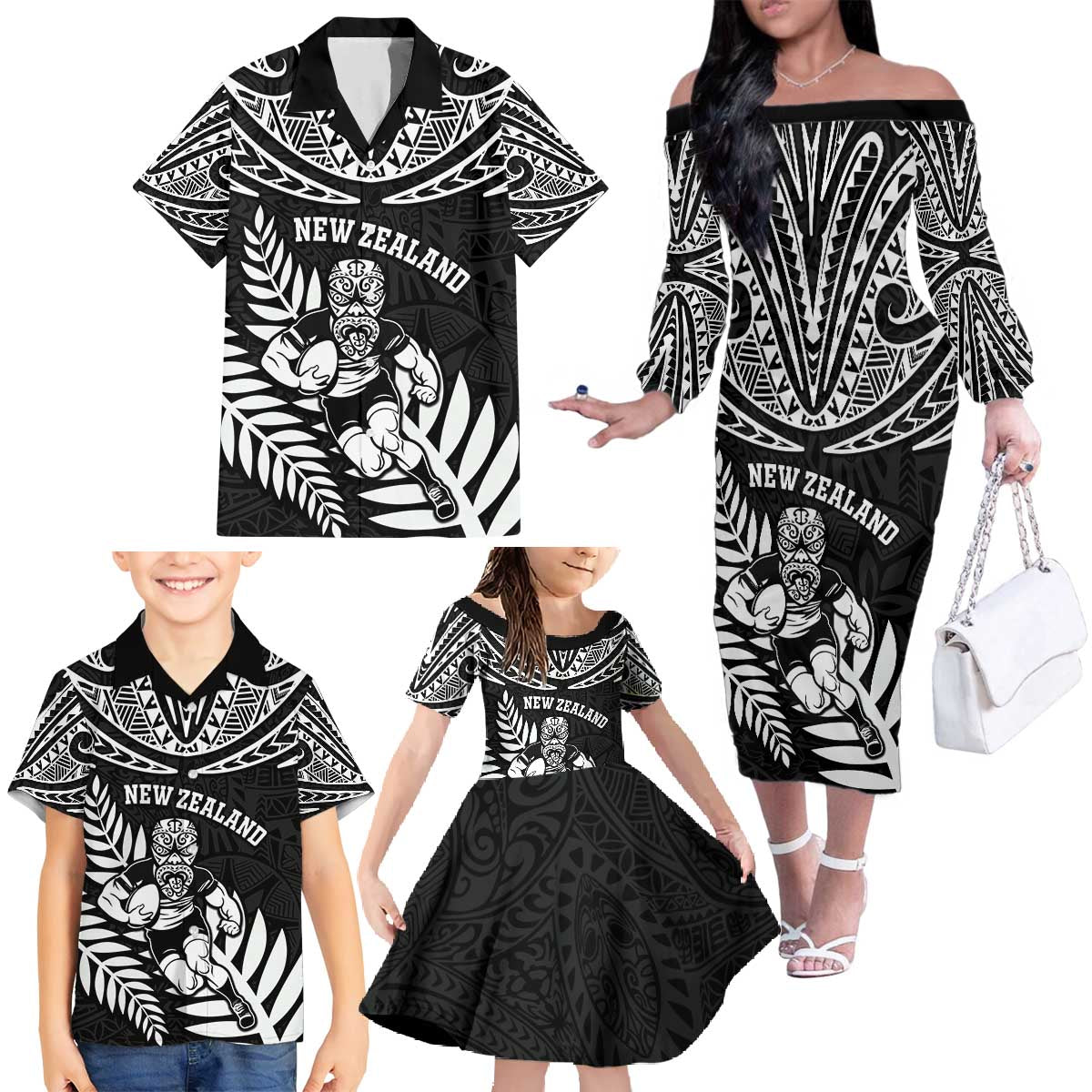 Custom New Zealand Rugby Family Matching Off The Shoulder Long Sleeve Dress and Hawaiian Shirt Silver Fern Maori Pattern