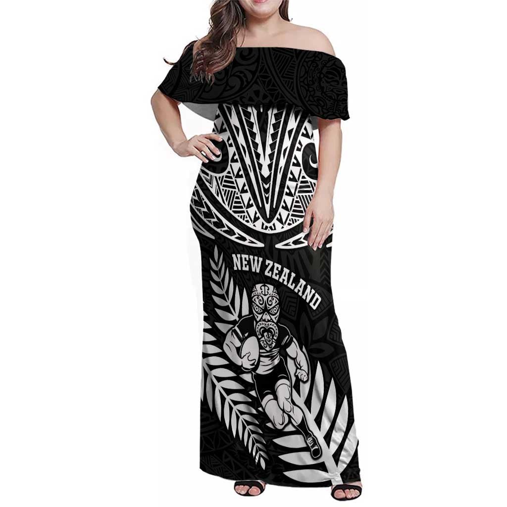 Custom New Zealand Rugby Family Matching Off Shoulder Maxi Dress and Hawaiian Shirt Silver Fern Maori Pattern