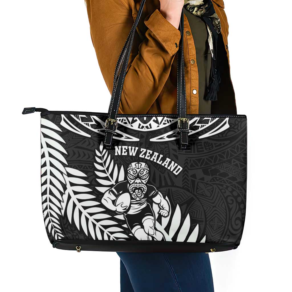 New Zealand Rugby Leather Tote Bag Silver Fern Maori Pattern