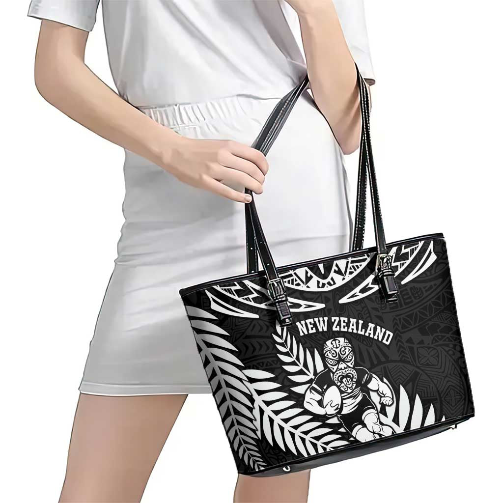 New Zealand Rugby Leather Tote Bag Silver Fern Maori Pattern
