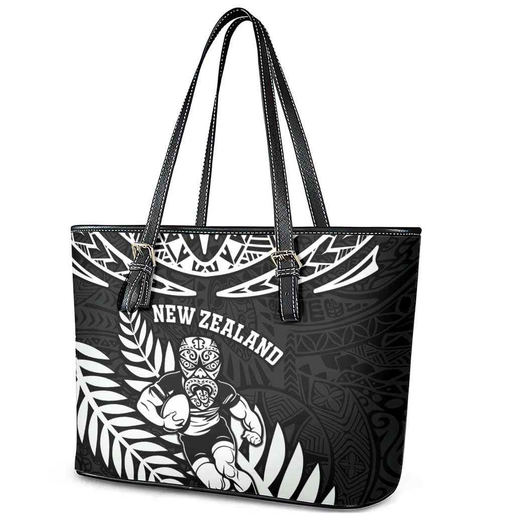 New Zealand Rugby Leather Tote Bag Silver Fern Maori Pattern