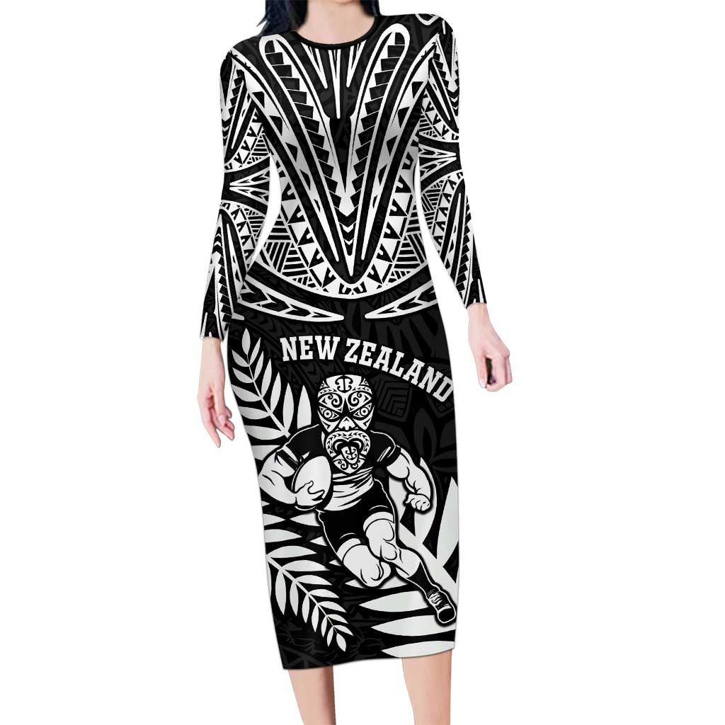 Custom New Zealand Rugby Long Sleeve Bodycon Dress Silver Fern Maori Pattern