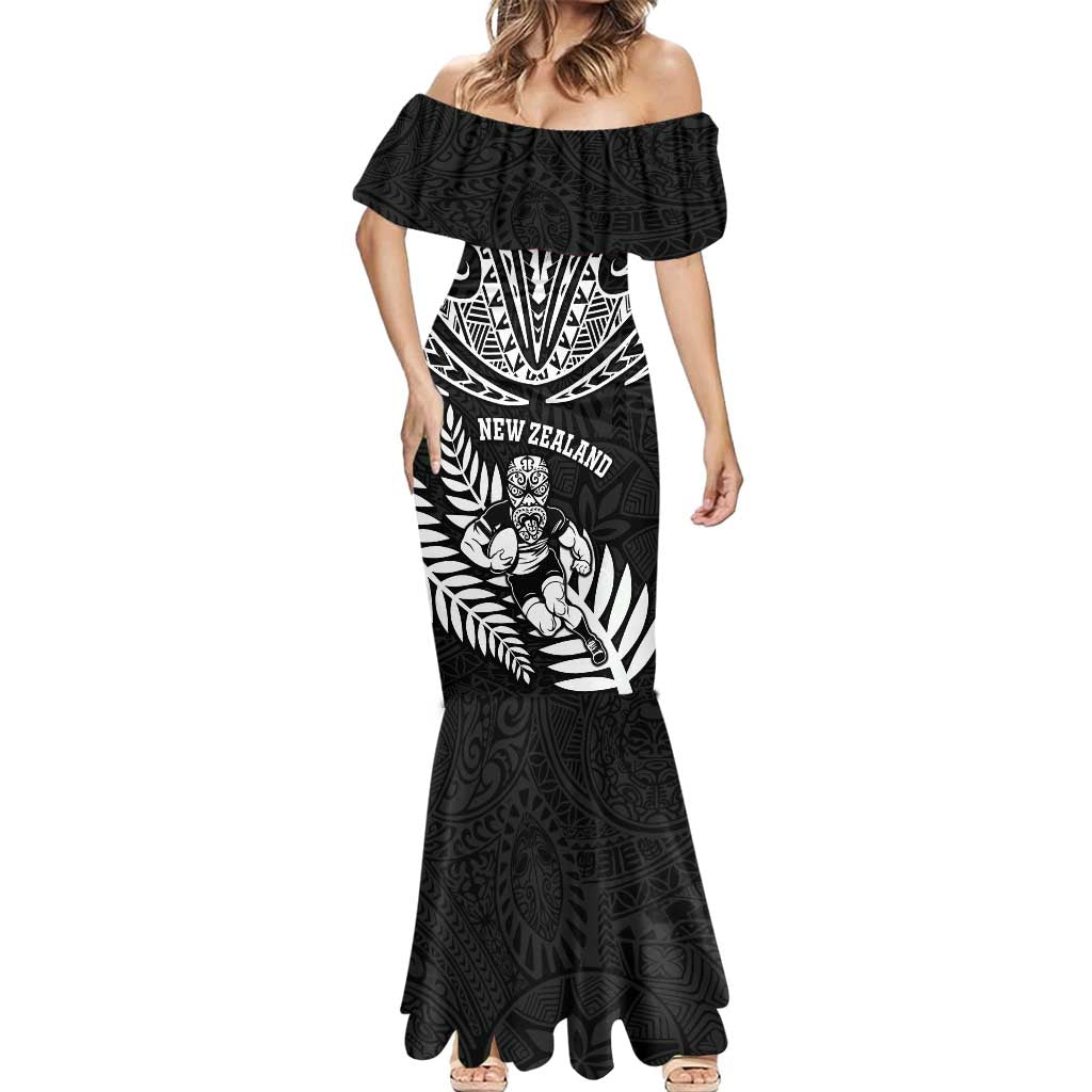 Custom New Zealand Rugby Mermaid Dress Silver Fern Maori Pattern