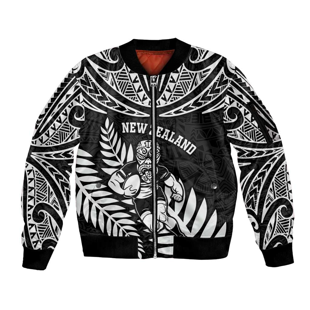 Custom New Zealand Rugby Sleeve Zip Bomber Jacket Silver Fern Maori Pattern