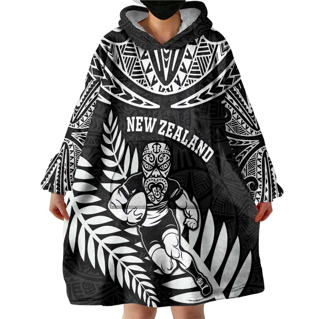Custom New Zealand Rugby Wearable Blanket Hoodie Silver Fern Maori Pattern