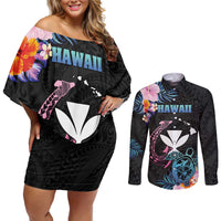 Personalised Hawaii Couples Matching Off Shoulder Short Dress and Long Sleeve Button Shirt Kanaka Maoli With Fish Hook