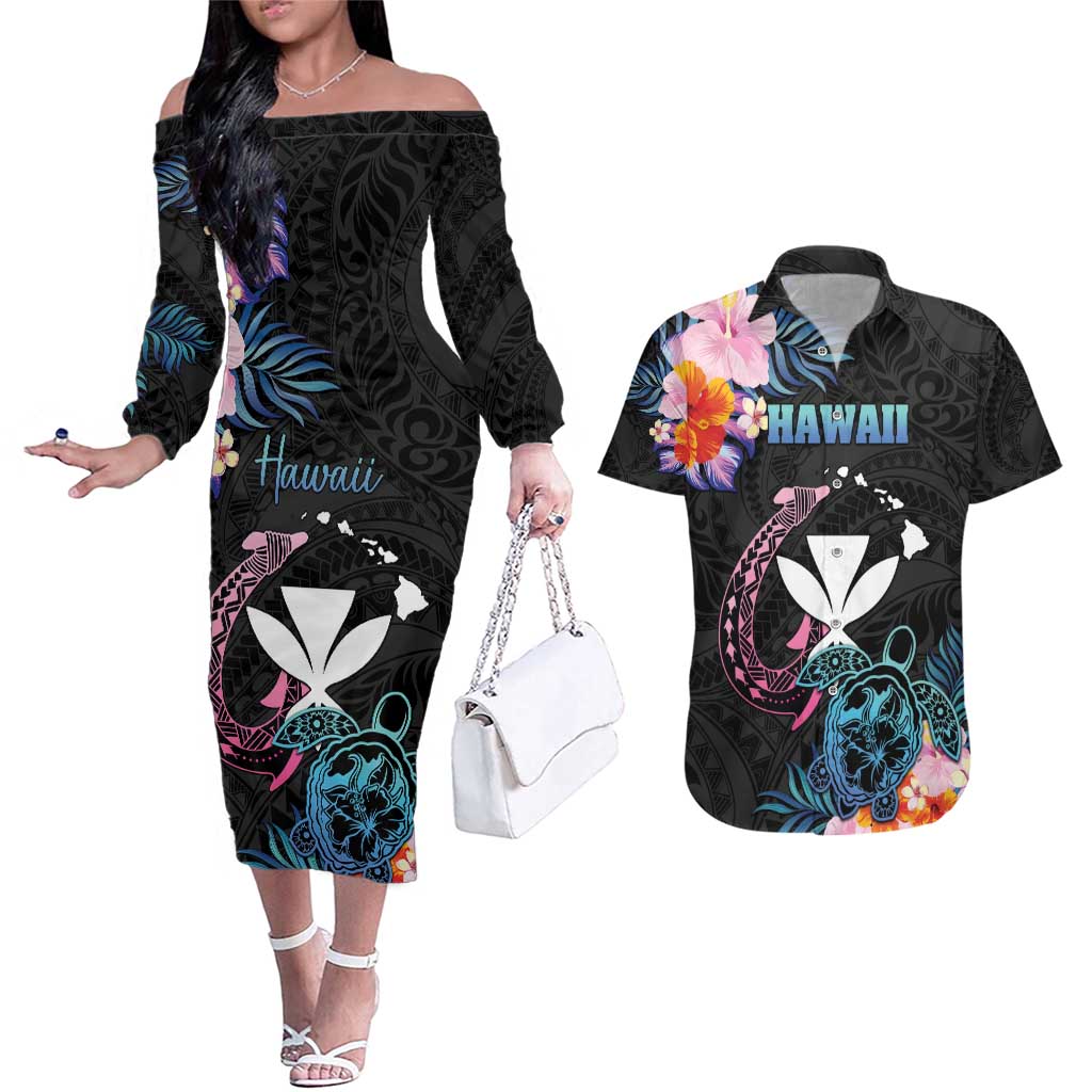 Personalised Hawaii Couples Matching Off The Shoulder Long Sleeve Dress and Hawaiian Shirt Kanaka Maoli With Fish Hook