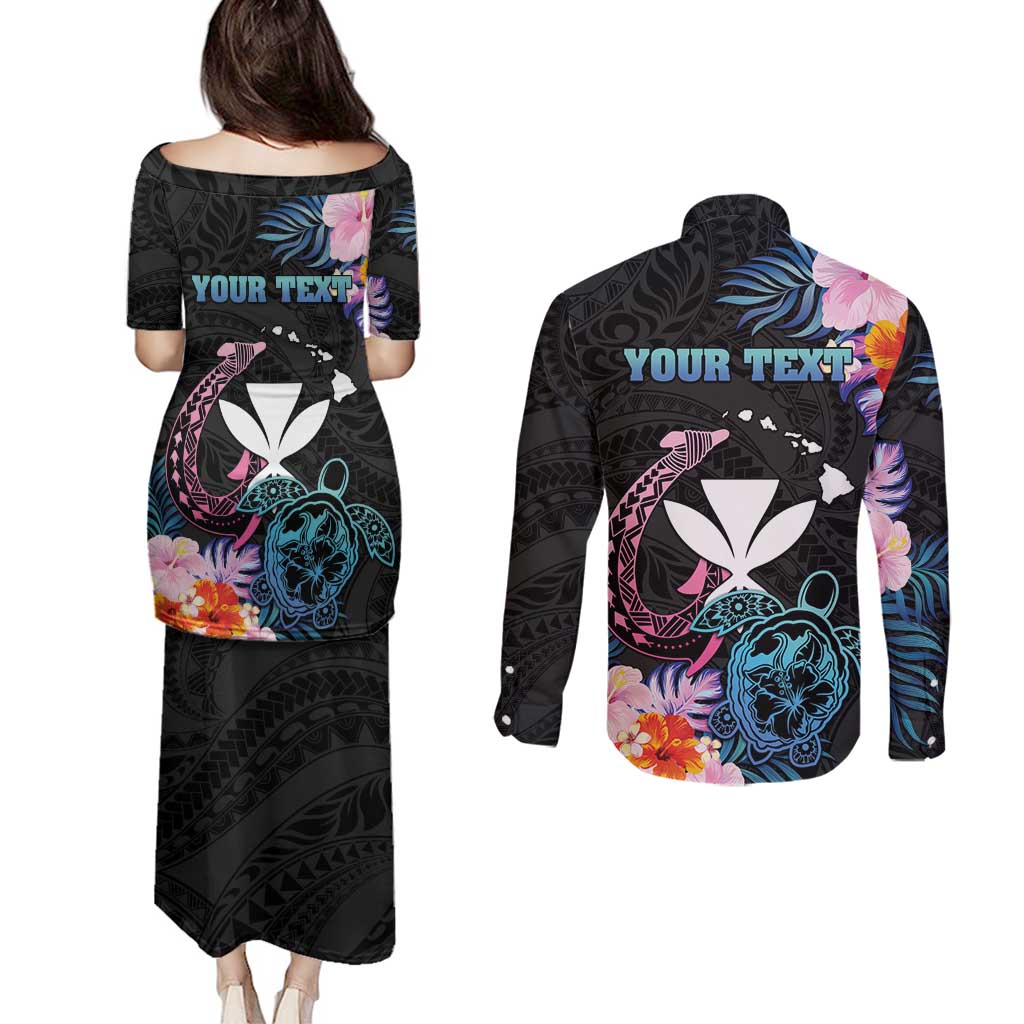 Personalised Hawaii Couples Matching Puletasi and Long Sleeve Button Shirt Kanaka Maoli With Fish Hook