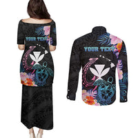 Personalised Hawaii Couples Matching Puletasi and Long Sleeve Button Shirt Kanaka Maoli With Fish Hook