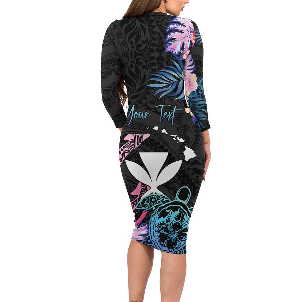 Personalised Hawaii Long Sleeve Bodycon Dress Kanaka Maoli With Fish Hook