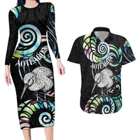 New Zealand Kiwi Bird Couples Matching Long Sleeve Bodycon Dress and Hawaiian Shirt Silver Fern Koru Paua Shell
