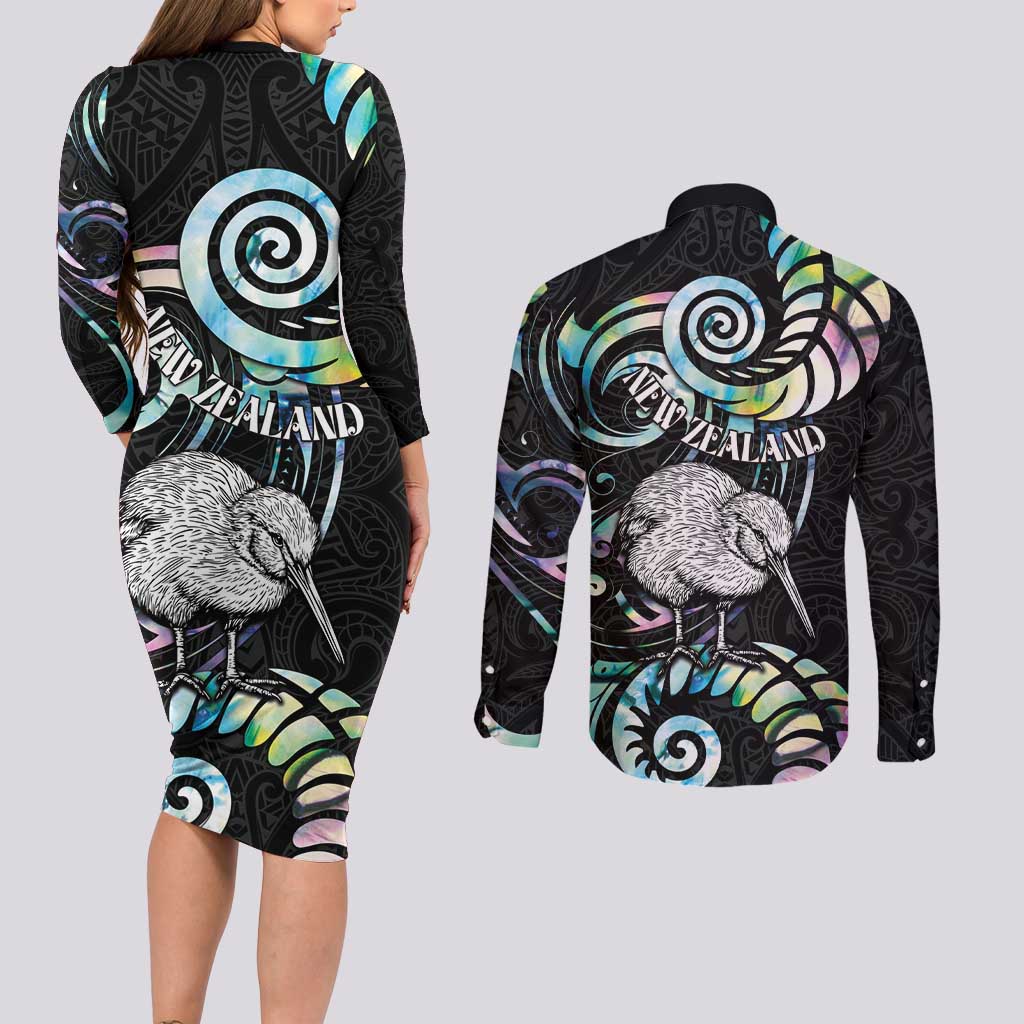 New Zealand Kiwi Bird Couples Matching Long Sleeve Bodycon Dress and Long Sleeve Button Shirt Silver Fern Koru Paua Shell