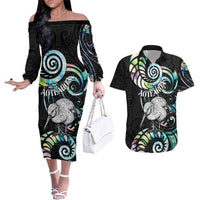 New Zealand Kiwi Bird Couples Matching Off The Shoulder Long Sleeve Dress and Hawaiian Shirt Silver Fern Koru Paua Shell