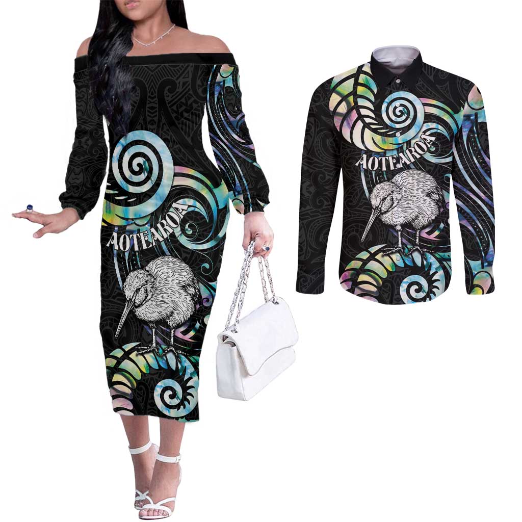 New Zealand Kiwi Bird Couples Matching Off The Shoulder Long Sleeve Dress and Long Sleeve Button Shirt Silver Fern Koru Paua Shell