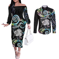 New Zealand Kiwi Bird Couples Matching Off The Shoulder Long Sleeve Dress and Long Sleeve Button Shirt Silver Fern Koru Paua Shell