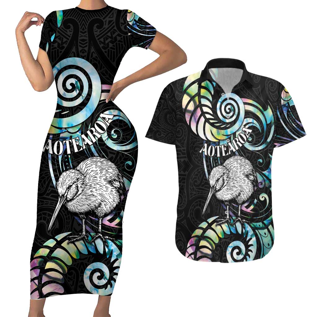 New Zealand Kiwi Bird Couples Matching Short Sleeve Bodycon Dress and Hawaiian Shirt Silver Fern Koru Paua Shell