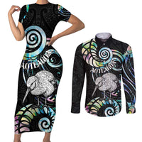 New Zealand Kiwi Bird Couples Matching Short Sleeve Bodycon Dress and Long Sleeve Button Shirt Silver Fern Koru Paua Shell