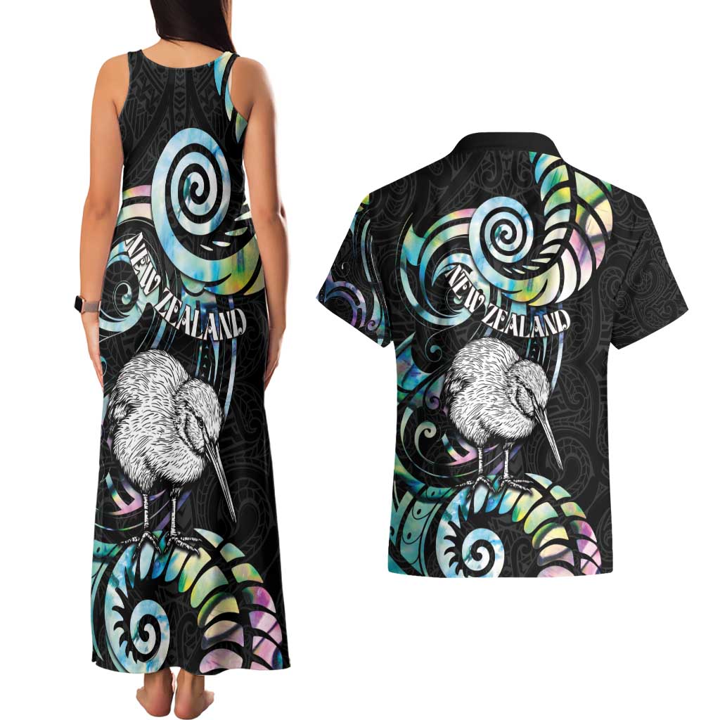 New Zealand Kiwi Bird Couples Matching Tank Maxi Dress and Hawaiian Shirt Silver Fern Koru Paua Shell