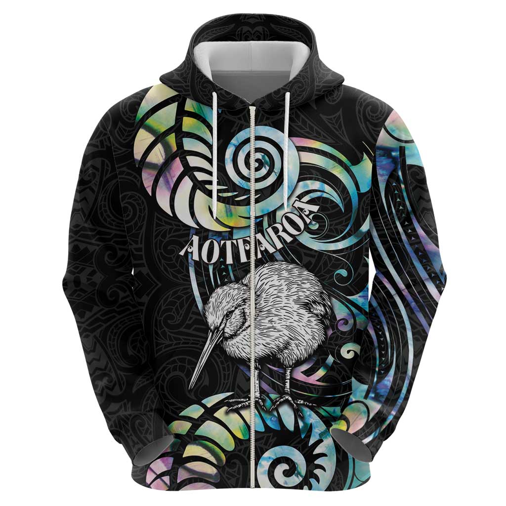 New Zealand Kiwi Bird Hoodie Silver Fern Koru Paua Shell