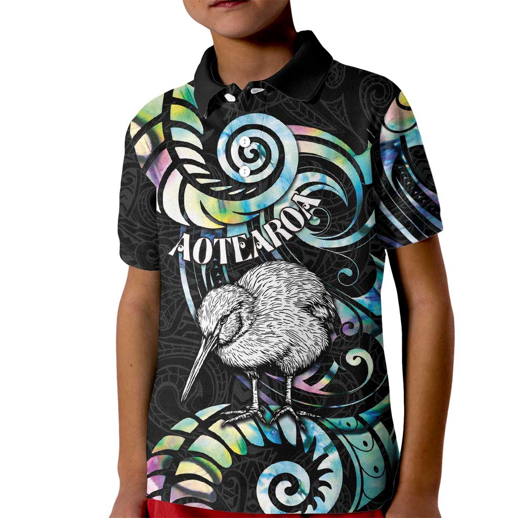 New Zealand Kiwi Bird Kid Polo Shirt Silver Fern Koru Paua Shell