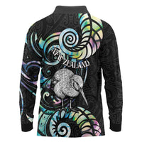 New Zealand Kiwi Bird Long Sleeve Polo Shirt Silver Fern Koru Paua Shell