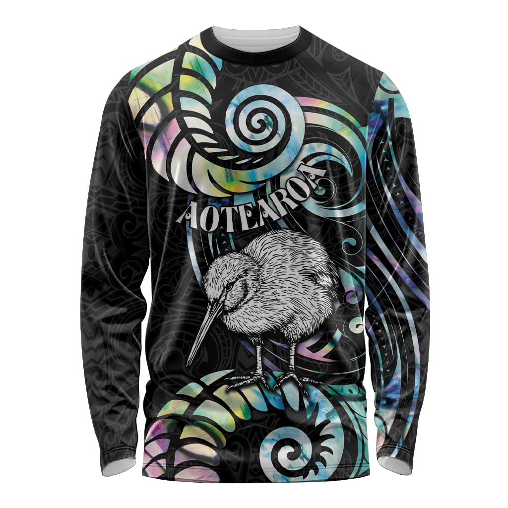 New Zealand Kiwi Bird Long Sleeve Shirt Silver Fern Koru Paua Shell